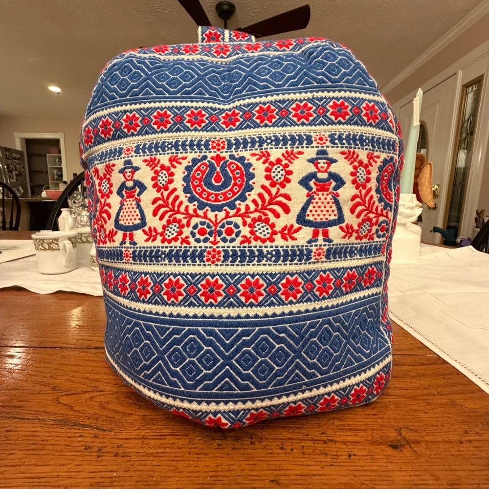 Vintage Tea Cozy Folk Art Woven Red Blue Woven Padded Teapot Cover